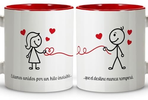 PACK 2 Tazas San Valentin Personalizadas Hilo Rojo. Tazas Originales para Regalar Hombre y Mujer. Regalos Originales para Parejas. Regalo para San Valentín Mujer. Cerámica 330ml. HILO ROJO
