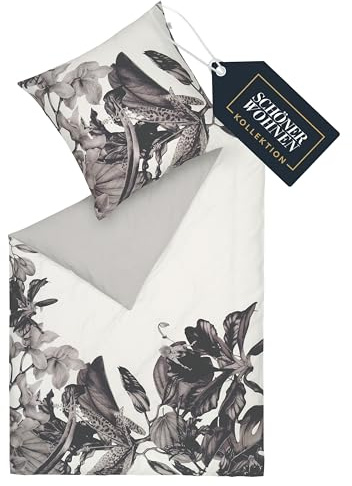 SCHÖNER WOHNEN Satin Bettwäsche 155x220 Baumwolle Blumen Grau - Luxus Bettwäsche-Set 2teilig - atmungsaktiv - 1x Bettwäschebezug & 1x Kopfkissenbezug 80x80cm Frühling Duvet Cover Set - ÖKO-TEX
