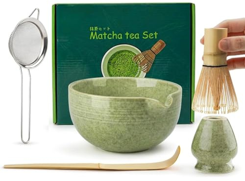 Matcha Whisk Set, 5-Piece Ceramic Matcha Bowl,Natural Bamboo Chasen Whisk,Scoop Kit, Complete Beginner to Pro Tools Matcha Kit with Gift Packaging for Japanese Tea Ceremony