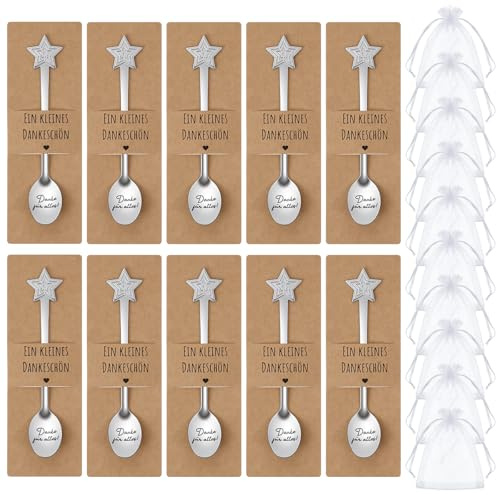 Hestya 10er Set Kaffeelöffel Dankeschön-Geschenke für Kollegen und Lehrer | Ein Kleines Dankeschön Löffelhalter, Edelstahl Teelöffel, Mit Gravur Organzabeutel, Gäste und Abschiedsgeschenk, Weihnachten
