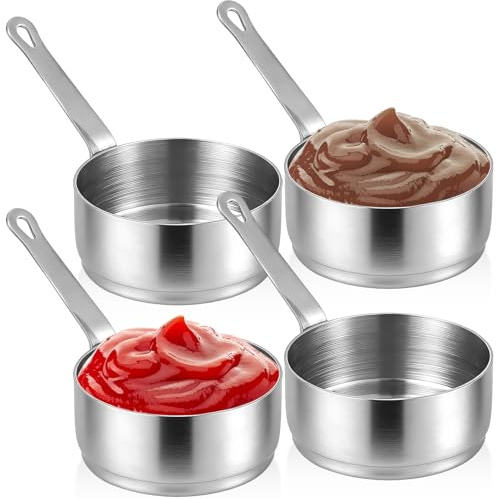 4 Mini Casserole Acier Inoxydable 304 avec Poignée, Tasse Condiments Casseroles Empilable 100ml, Tasses Sauce Vinaigrette Ketchup Réutilisable Métal pour Cuisine, Pâtisserie, Pique-Nique, Cuisine