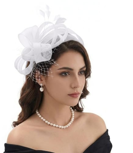 DRESHOW Fascinatorhatt för Kvinnor Cocktailhattar för Tesällskap i Vintage-stil med Nät Blommor Fjädrar Derbyhatt för Bröllop i Kyrkan