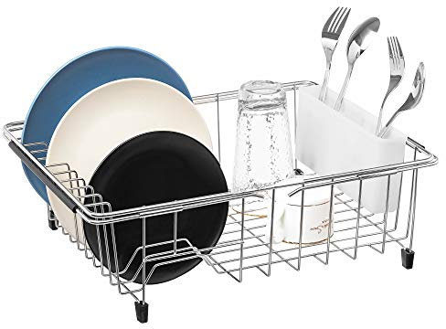 iPEGTOP Dish Drainer with Cutlery Basket, Expandable Dish Drying Rack, Over The Sink in Sink Or On Counter Dish Draining Rack with Removable Utensil Holder, Rust Proof Stainless Steel