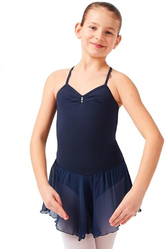 tanzmuster Kinder Ballettkleid Maja - süßer Spaghetti-Träger Ballettbody mit Chiffon Röckchen und Glitzersteinen in marineblau, Größe:104/110