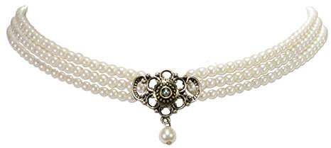 Trachtenkette Perlen 3-reihig mit Metallelement bicolor - Damen Dirndlkette, Perlenkette nostalgisch für trachtenbluse und Lederhose, Dirndl-Schmuck für Oktoberfest, Trachtenschmuck (creme-weiß)