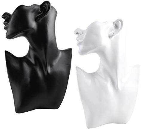 SDENSHI 2X Schaufensterpuppe Schmuckbüste Schmuckhalter, Ohrringhalter Halskettenständer, Harz Schmuckständer mit Samt-Oberfläche, Schwarz + Weiß