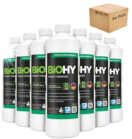 BiOHY Nettoyant pour parquet (9 x 1l Bouteille) | Idéal pour les parquets vitrifiés | Doux pour le matériel et sans effet regraissant | nettoyage sans traces (Parkettreiniger)