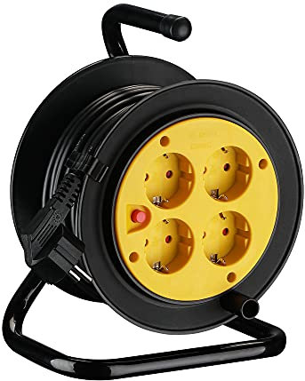 XUANSHI Mini Kabeltrommel, 10m H05VV-F 3G1,5 Kabel - Thermoschutz - IP20 Indoor/Kabelrolle mit 4 Schuko-Steckdosen / 4-fach Kabelbox mit Verlängerungskabel/Leitungsroller für den Innenbereich
