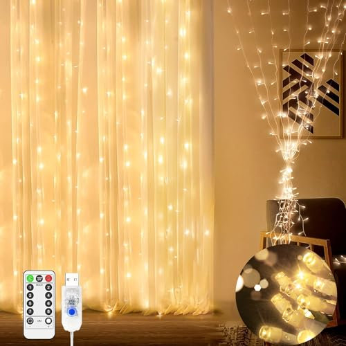 Curtain Lights Indoor Outdoor 200 LED 2m x 2m Fairy Lights USB Powered Christmas Window Lights with Remote 8 Modes Timer for Bedroom Outside Garden Patio Gazebo Party Wedding Decorations-Warm White