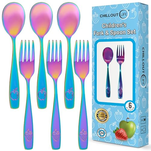 CHILLOUT LIFE Stainless Steel Kids Silverware Set 6 Pieces - Child and Toddler Safe Flatware - Kids Utensil Set - Metal Kids Cutlery Set (Includes 3 Small Kids Spoons & Kids 3 Forks, UV Rainbow)