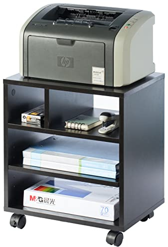 Black Portable Wooden Rolling Side End Corner Printer Table Desk For Home Office Study under Desk Storage, Desk Side Mobile Filling Cabinet 3 Open 2 Closed Storage for Home Office