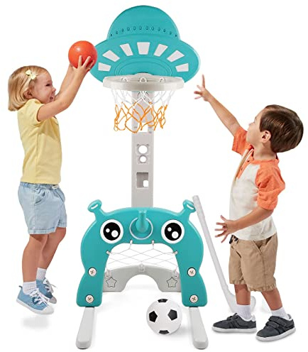NUKied Basketball Hoop for Kids 4 in 1 Sports Activity Center Grow-to-Pro Adjustable Easy Score Basketball Hoop Football/Soccer Goal Golf Game Ring Toss Best Gift for Kids Baby Infant Toddler