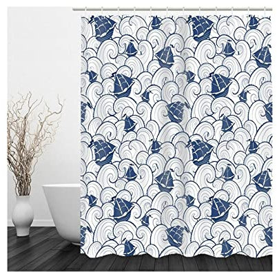 Aotiwe Halterung Duschvorhang, Duschvorhang Lang Surfboot Dunkelblaues Weiß 180X200cm für Badezimmer mit Duschvorhangringen