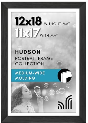 Americanflat 12x18 Poster Frame with Shatter-Resistant Glass - Use as 11x17 Frame with Mat or Display 12x18 Photo Without Mat - Hudson Collection - Wide Picture Frames for Wall Display - Black