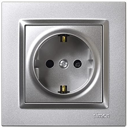 SIMON - Enchufe de Empotrar Schuko, Serie Simon 10, 250V, 16 A, Enchufe de Pared Plano y Fino, Fácil de Instalar, Incluye Marco, Tapa y Mecanismo, Base de Enchufe Hembra Color Aluminio