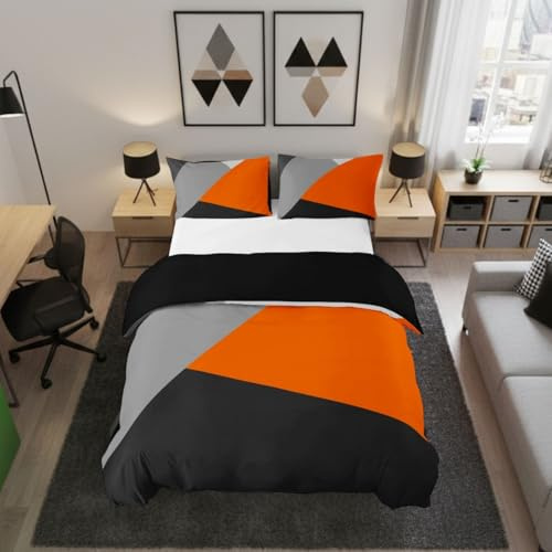 Homewish Set Copripiumino Singolo Arancione e Grigio, Set di Biancheria da Letto Patchwork Geometrico a Triangolo Arancione Nero Grigio Chiaro, Set Copripiumino per Bambini e Adulti, Moderno e