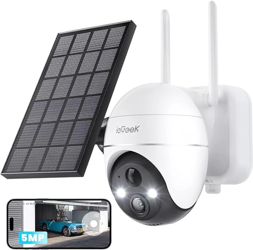 ieGeek 5MP Telecamera Wifi Esterno Senza Fili, 360° PTZ Telecamera Batteria Pannello Solare, Faretto e sirena, Rilevazione di Movimento PIR, Visione notturna a colori, Audio a 2 vie, IP65, Alexa