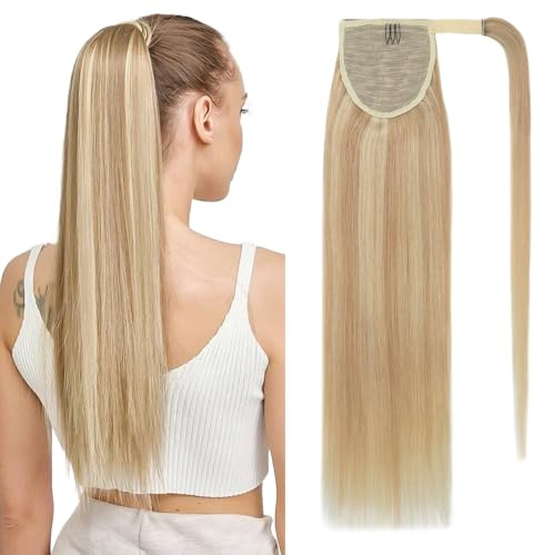 Benehair Ponytail Extension Echthaar, Zopf Extensions Echthaar, Wrap Around Echthaars Ponytail für Frauen, Blond Highlights Bleichblond Pferdeschwanz Echtes Haar Haarverlängerung 35CM 80g #18P613