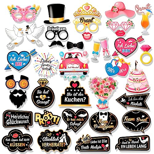 HOWAF 36 Stück Photo Booth und Hochzeit Requisiten - Fotobox Accessoires für Wedding JGA Frauen Deko