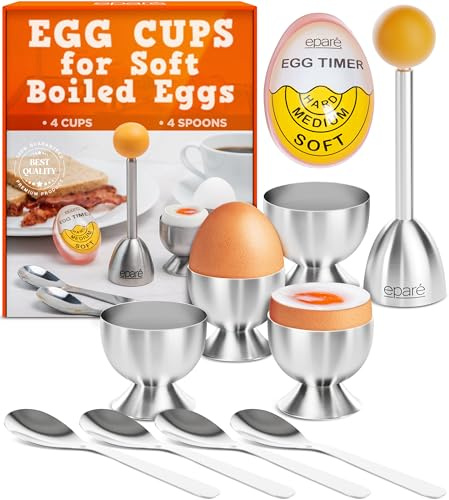 Eparé Egg Cups for Soft Boiled Eggs with Spoons & Egg Timer - Stainless Steel Egg Topper - Durable Egg Opener Topper Cutter - Giftable Egg Cracker Tool for English Breakfast