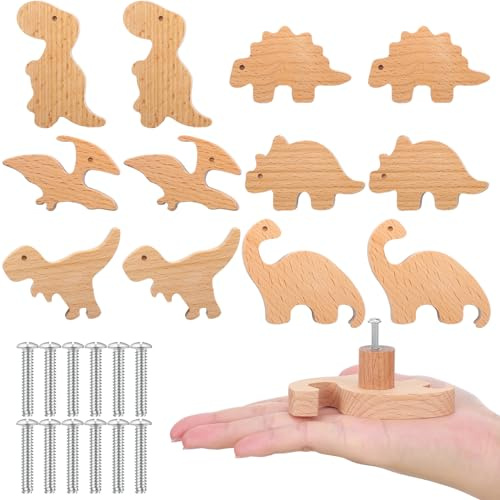Qunclay Schrankknäufe aus Holz, dekorative Holzknöpfe mit Schrauben, Kommode, Ziehen, Holz, Meerestiere, Wald, Tiere, Möbelknöpfe, Kinderzimmer, Schubladengriffe für Dekoration (Dinosaurier, 12 Sets)
