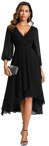 Ever-Pretty Women's V Neck 3/4 Sleeves Pleated A-Line Midi Length Chiffon Dresses for Wedding Guest Black 12UK