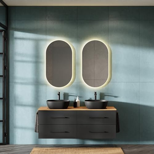 Planetmöbel LUX Ensemble de meubles de salle de bain Lavabo avec meuble bas 140 cm suspendu y compris 2 lavabos à poser 42 cm noir, meuble sous-lavabo chêne doré/anthracite
