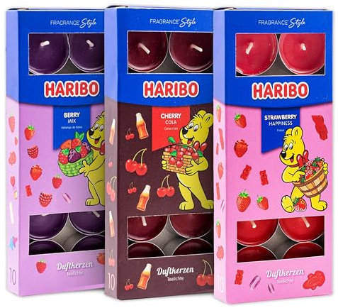 Haribo Teelichter Trio-Set All Year Berry Mix, Cherry Cola & Strawberry Happiness, 30 Stück (3x10) Duftende Kerzen mit 4-6 Stunden Brenndauer, Stimmungsbeleuchtung für Zuhause