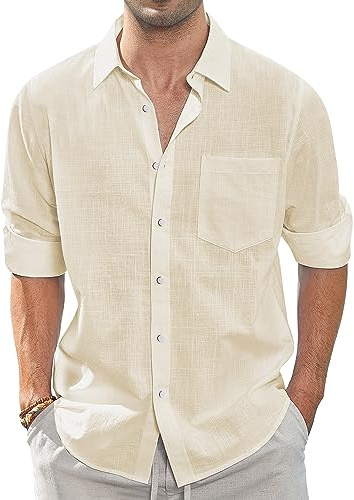 J.VER Hemd Beige Leinenhemd Herren Langarm Sommerhemd Business Casual Button Down Leinen Shirt Urlaub Hochzeit Strandhemd Beige XL