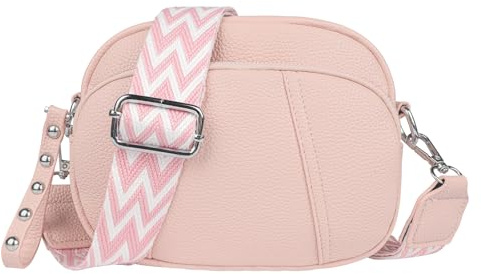 Jangostor Crossbody Bag Damen Breiter Gurt Leder Umhängetasche Damen Handtasche Damen Crossbody mit 3 Reißverschlussfächern und 2 Abnehmbar Schultergurt Rosa Kleine Umhängetasche für Damen