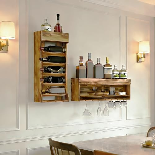 MYOYAY Geflammtes Holz Wand Weinregal, Vintage Whisky Regal Wand Bar, Hängende Weinglashalter für Bars Küche Glas Pokale, Große Geschenke für Familien, Verwandte und Freunde, KY0059