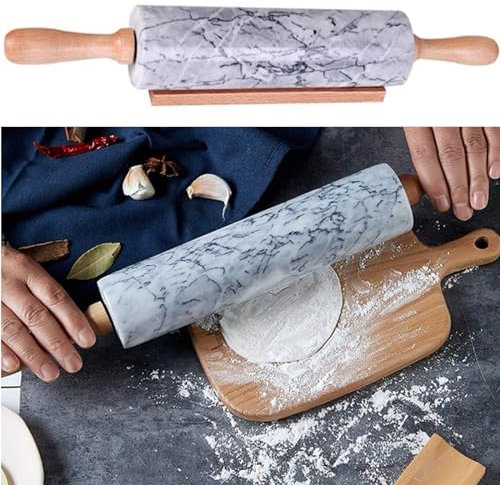 Gr8 Home 46cm Marble Rolling Pin with Wooden Handles and Cradle Stand Holder Non-Stick Grey Kitchen Roll Baking Roller