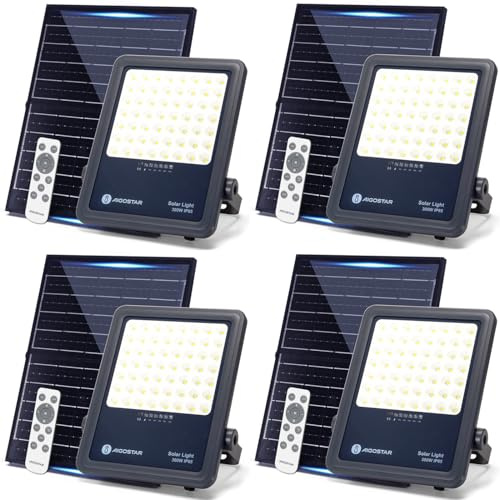 Aigostar Foco proyector LED solar con control remoto 4 piezas,focos solare de 300W, 3000LM,luz blanca fría de 6500K,IP65 impermeable Luz solar exterior,para jardín,terrazas,caminos,garajes,cable de 2M