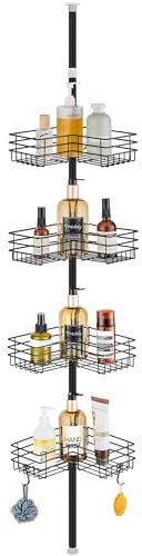 FIISAYL Duschablage ohne Bohren Teleskop Duschregal Metall Eckregal Badregal mit 4 Duschkörben, Höhenverstellbar 85-325cm, geeignet für Badewanne Badezimmer und Küche, Schwarz