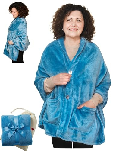 EzrAllora Fleece Poncho Blanket - Drape&Go No Sleeves- Lightweight Wrap Shawl - Wearable Blanket - Easy On Easy Off (Fleece - Royal Sky)