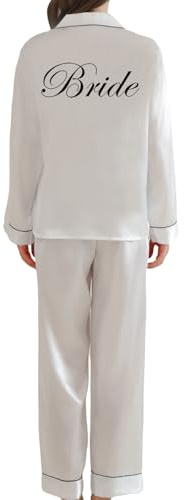JPHCHSC Pijamas Botones para Novia Dama de Honor Satén Manga Larga Pijama para Mujer, Equipo de Novia EVJF, 2 Piezas Pijamas de Seda de Novia