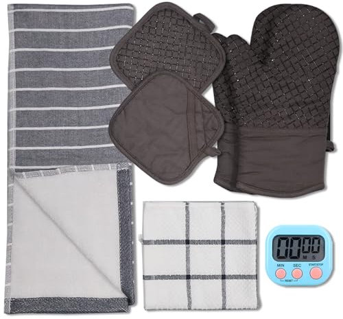 JISHSHAY 7 PCS Silicone Oven Mitts and Pot Holders Sets Pot Holders and Oven Mitts Heat Resistant Hot Pads Oven Gloves Potholders, with Non-Slip Silicone Stripes, Kitchen Towel Set, Digital Timer