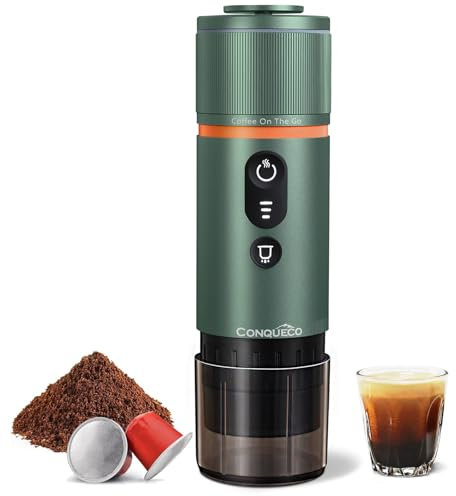 CONQUECO Portable Espresso Coffee Machine: 12V Electric Small Travel Expresso Maker - Self Heating 8 Cups Battery Powered Compatible for Nespresso Capsule - for Camping RV Hiking Office (Forest Green)