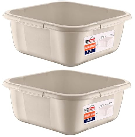 BH | 3L Plastic Washing up Bowl Basin - Small Size | 3 Litres | Square | Cream | Multipurpose Washing Tub for Kitchen, Bathroom, and Household Use (Pack of 2) - By BEST HOUSE
