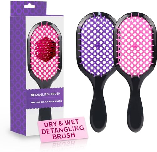 Detangling Brush,2 Pack Detangler Brush, Gentle & Effective Detangling on Wet or Dry Fragile Hair Types,Ultra-light, Detangling Brsuh ventilated and antistatic hairbrush (Pink+purple)
