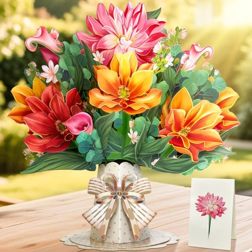 Happivue Pop Up Birthday Cards for Women, 3D Dahlia Paper Flower Bouquet Large Happy Mothers Day Cards for Mum, Popup Gift Card for Mum Wife Daughter Sister Female Friend, Thank You, Get Well Card