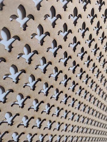 Fleur de Lis Wooden Board Decorative Panel, wall partition, Radiator Cover Grid, Furniture Decoration, Laser Cut from 3 mm Thick MDF Board (Size 1200 mm x 620 mm) (025BP). Made in the UK