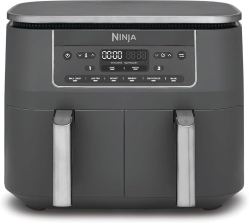Ninja Freidora de aire digital de doble zona, 2 cajones, 7.6 L, 6 en 1, no utiliza aceite, freír al aire, máximo crujiente, asar, hornear, recalentar, deshidratar, antiadherente, cestas aptas para