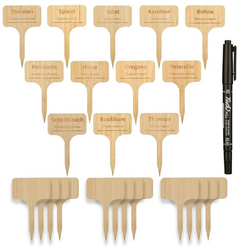 Worown 24 Stück T-förmiges Bambus Pflanzenschilder-Wetterfest, Inklusive Eins Stift zum Schreiben,12 Zufälliges Schreiben Pflanzenschilder zum Beschriften, und 12 Typen Kräuter Holz Stecketiketten