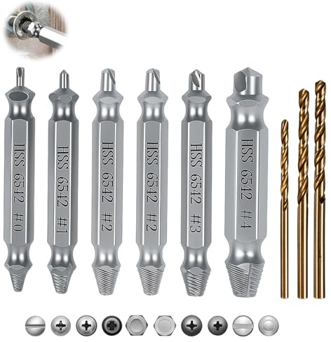6PCS Damaged Screw Extractor Set with 3 Twist Drill Bit, Hardness 63-65HRC, Upgraded Model HSS 6542, Removal Tool, Grab Removal Tool for Damaged Broken Stripped Screws