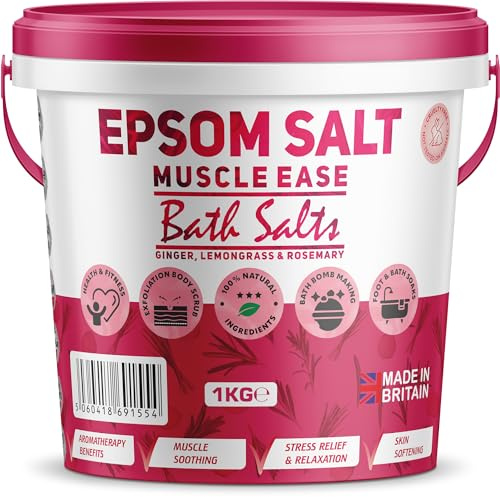 Scented Epsom Bath Salts 1kg Infused with Muscle Ease Essential Oil, 100% Natural Mineral Salts - Supports Sleep and Relieves Aching Muscles Magnesium Sulphate Foot Soak Bath Epsom Salt
