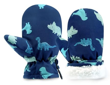 SEYUFN Ski Gants Hiver Gant Enfant Fille Moufles Bebe Moufle Garçon Respirant Gant pour Filles Peluche Gants Garçon Chaud (Dinosaure Bleu, M(1-2 Ans))