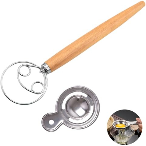 KATKLU Dänischer Schneebesen Teigrührer, 33 cm Teigmixer mit Eiweißtrenner, Edelstahl Teigschneider mit Holzgriff, Handmixer für Brot und Kuchen