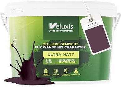 Veluxis Wandfarbe Lila Braun Grau matt 2,5 L – Beady Beetroot | Innenfarbe mit Deckkraft Klasse 1, VOC-frei, ohne Grundierung, tropfarm, für Wohnzimmer und Schlafzimmer