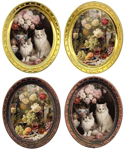 Oxtxuzdm 1/12 Puppenhaus Miniatur Eisen Kunstwerk Bilderrahmen mit Katzen Rose Ölgemälde Design für Handwerk Modell Projekt Dekorationen Eisen Handwerk Puppenhaus Möbel